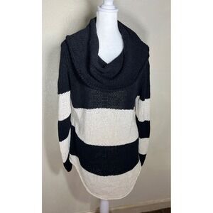 Pure Handknit Black Cream Stripe Cowl Neck Sweater L XL